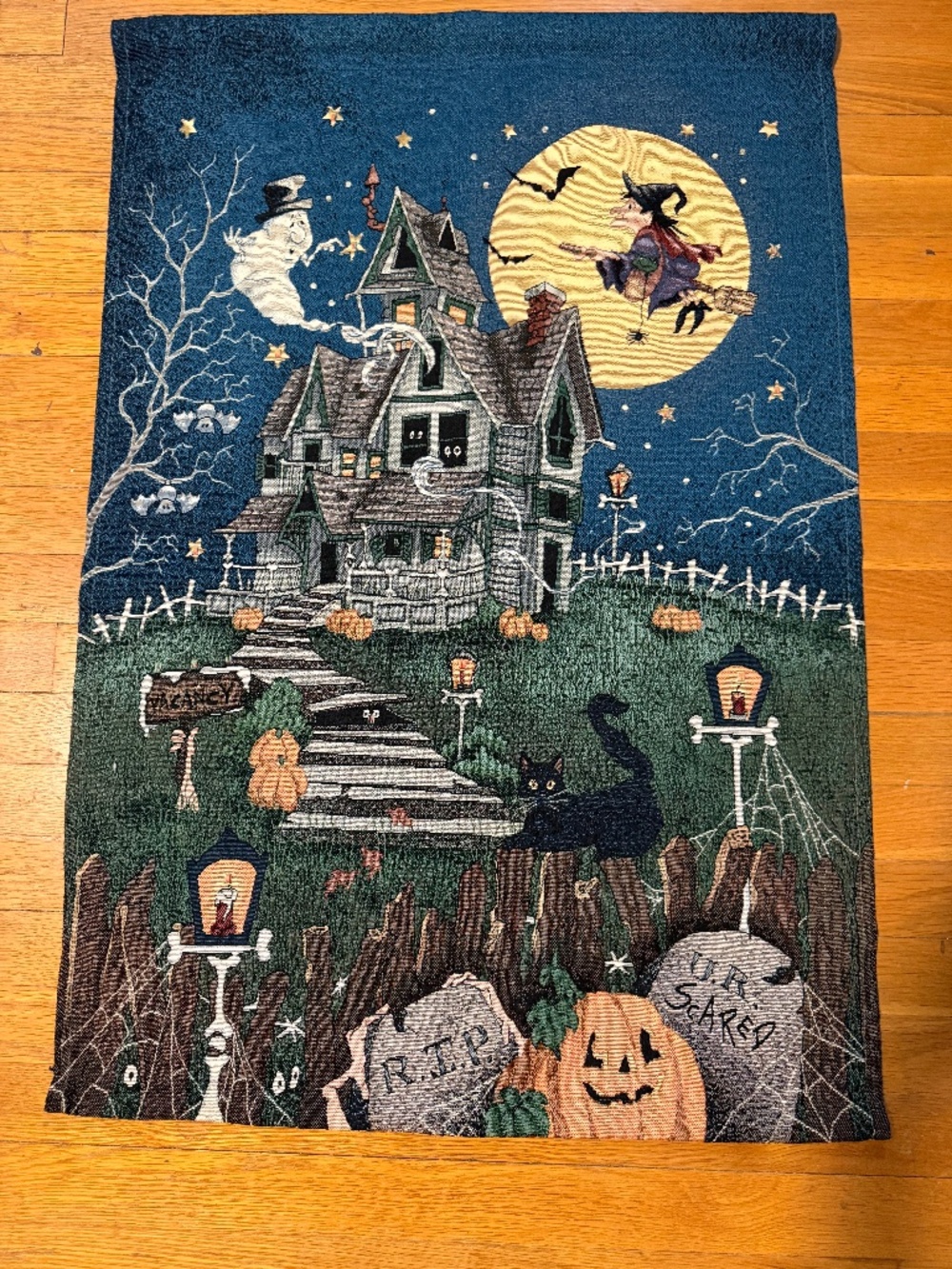 VTG Boo Hill Halloween Tapestry Whimsigoth Haunted House 26x36 no lights